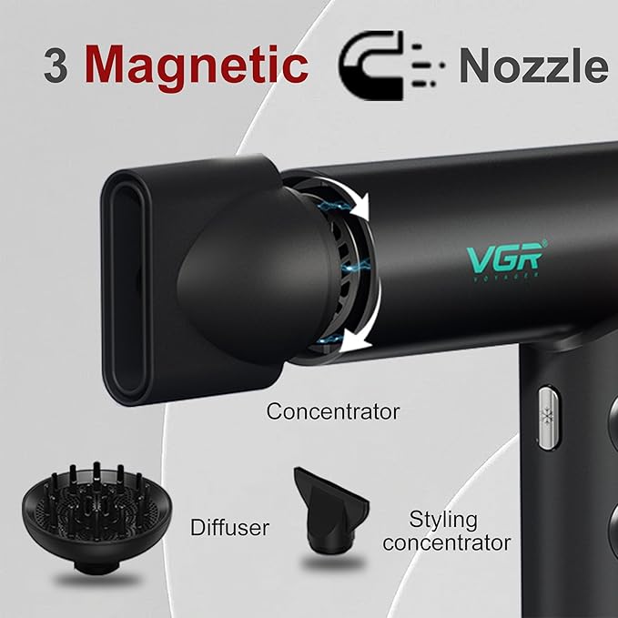 VGR 401 Negative Ionic Hair Dryer, Professional BLDC Motor Blow Dryer for Fast Drying, LED Display Low Noise Thermo and RPM-Control Hairdryer, Travel with Magnetic 1 Diffuser & 2 Nozzle, Red