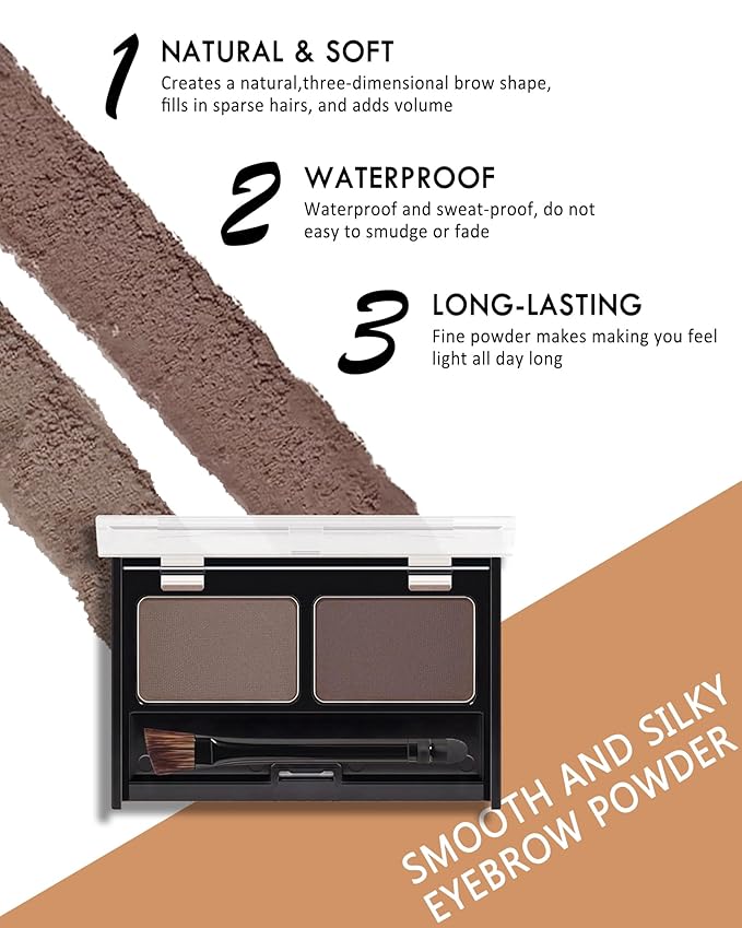 Waterproof Eyebrow Powder Kit-2 Colors Eye Brow Powder Tinted Palette Long Lasting Up to 16H,Dark Grey/Dark Brown Brow Filler Defined&Sculpt Natural Eyebrow Makeup Sparse Brow with Brow Brush&Razor-04