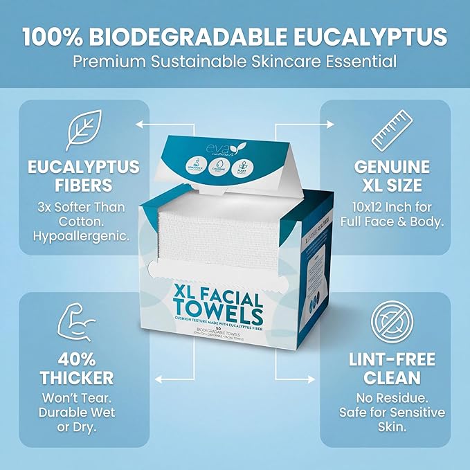 Disposable Face Towels XL 10x12-100% Viscose Eucalyptus Biodegradable Clean Facial Towels, 50 count - Ultra Soft & Lint-Free Towelettes for Acne-Prone & Sensitive Skin, Makeup Remover Dry Wipes