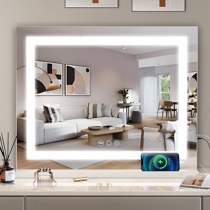 Misavanity Vanity Mirror with Lights Tempered Glass 22.8" x 18.1" Lighted Makeup Mirror with Light Strip Crushed Crystal 3 Colors Modes Dimmable Lights USB Charging Port and 10X Magnification, White