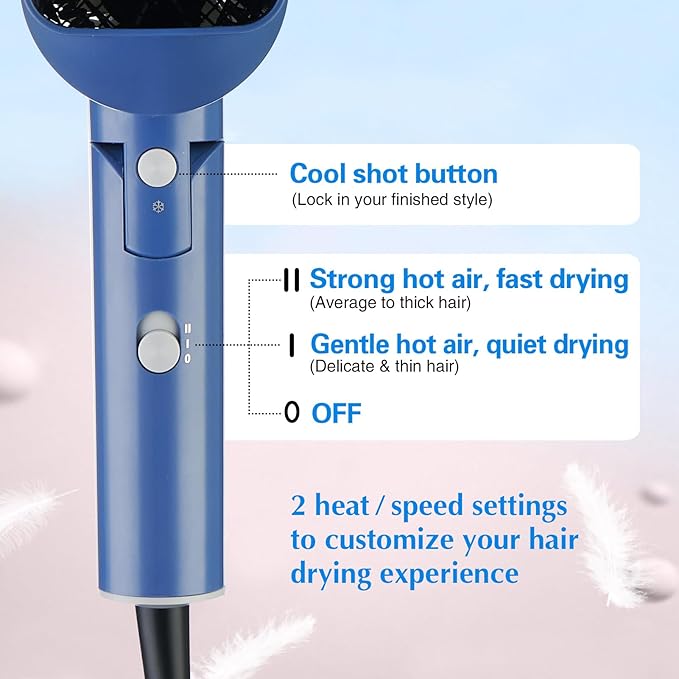 Hair Dryer, 1600W Small Foldable Hair Blow Dryer, Fast Drying Compact Hair Dryer, Blue