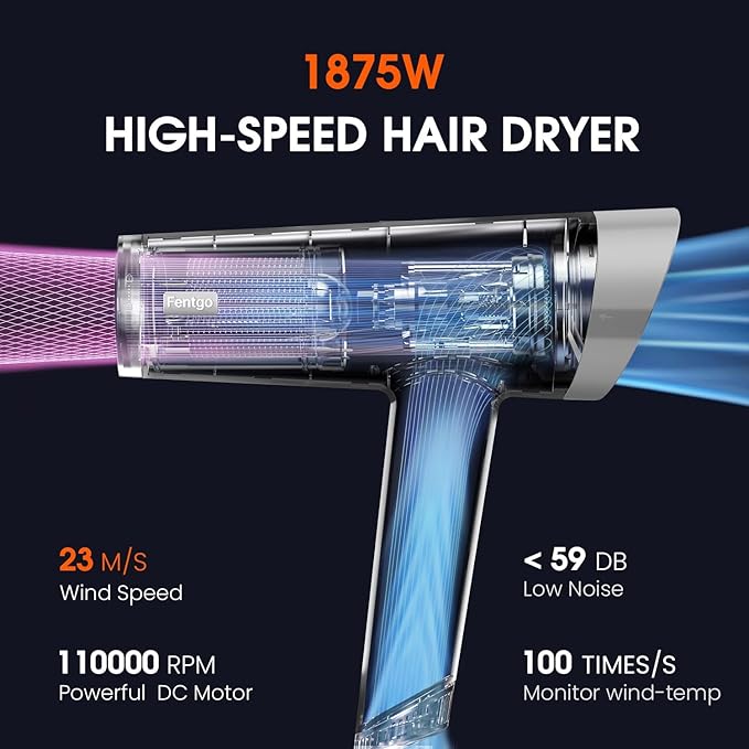 High Speed Ionic Hair Dryer, Professional Blow Dryer 110,000 RPM Fast Drying, 1875W Hairdryer with Concentrator Nozzle, 2 Temps & 3 Speeds, for Home Salon Travel