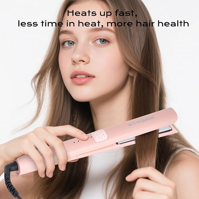 Titanium Flat Iron Travel Hair Straightener and Curler 2 in 1 with Quick Fast Heating, 1 Inch Professional Straightening Iron, 5 Temp Settings for All Hair Types, Dual Voltage & Auto-Shut Off(Pink)