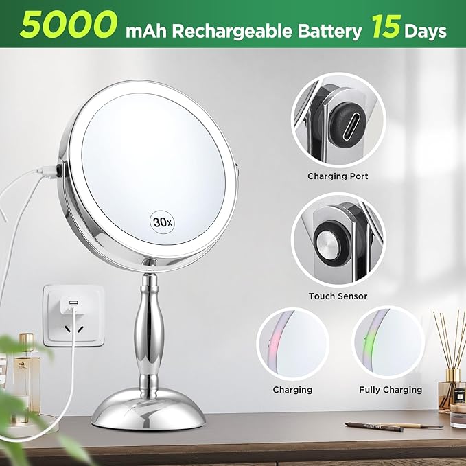 30x Magnifying Mirror, Lighted Makeup Mirror with 3 Colors Modes & Adjustable Brightness, 5000mAh Rechargeable, 360° Rotation Double Side, Large Magnifying Vanity Mirror, Gifts for Women