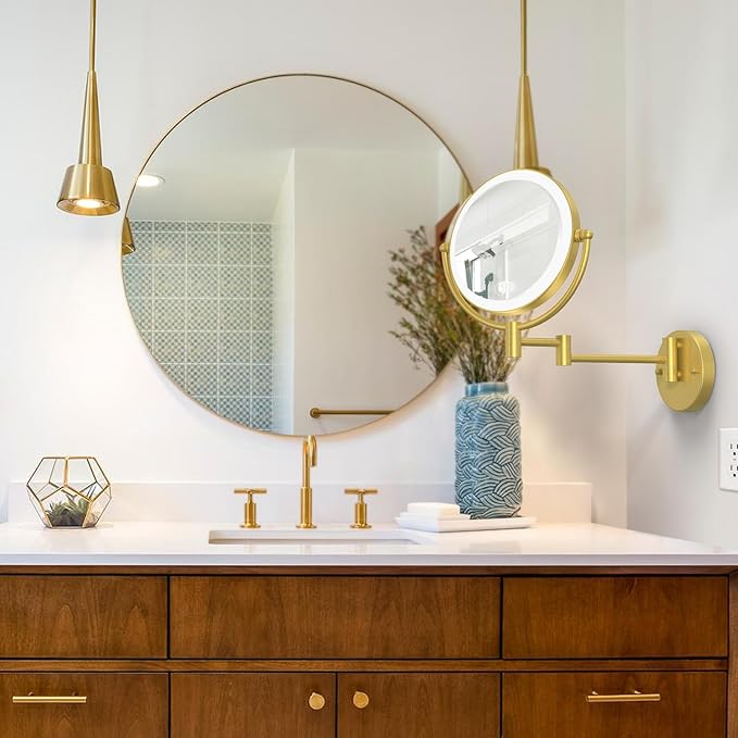 Make up Mirror Wall Mounted Lighted 10X Magnifying, 8" Double Sides 3 Color Lighting Touch Dimming, 360 Swivel Extended Arm Shaving Light up Mirror Hard Wired for Bathroom, Brushed Gold