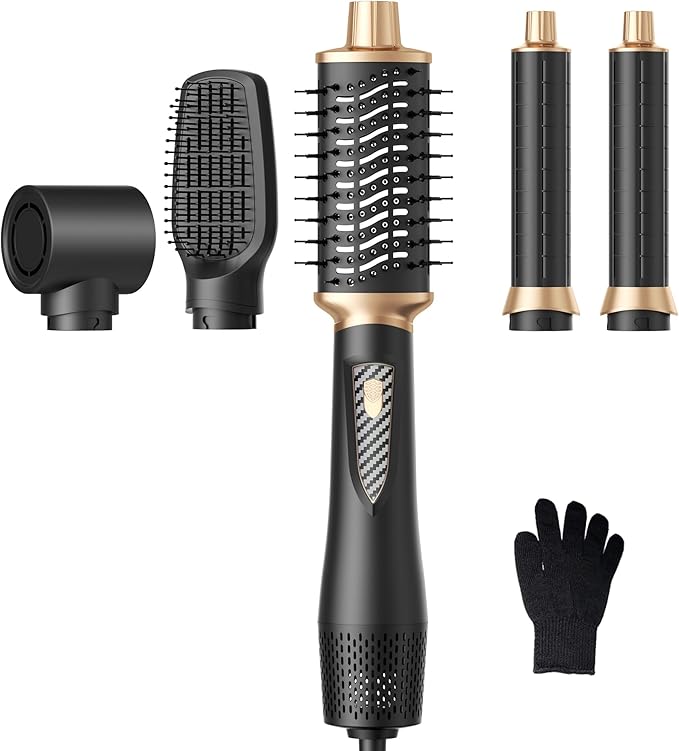 5 in 1 Blow Dryer Brush Set, 1000W Professional Hot Air Styler, Ionic Hair Dryer Brush, 3 Heat Settings, Auto Curling, Fast Drying, Ideal Hair Styling Tools Gift for Women, Black