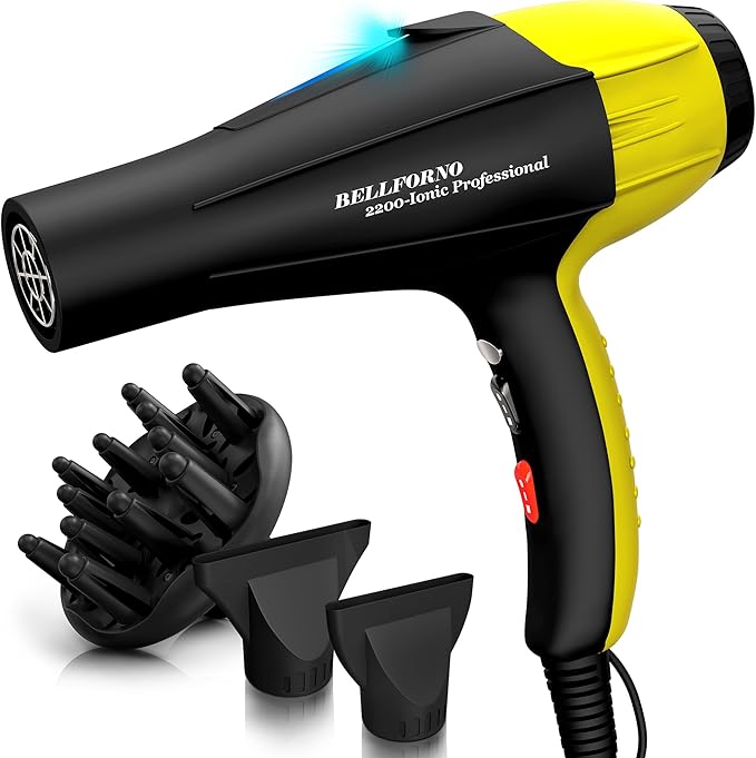 High-Power 2200W Ionic Hair Dryer - Fast-Drying, Constant Temperature Technology, AC Motor - Ideal for Curly Hair Care, Suitable for All Hair Types - HairDryer for Both Women and Men Black/Yellow