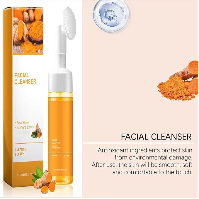 Turmeric Facial Cleanser With Brush, Deep Cleansing Glow Exfoliate Foaming Face Wash, For Women Men's All Skin.-2Pcs