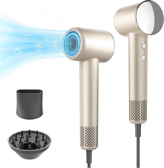 Professional Hair Dryer, 200 Million Negative Ionic Blow Dryer with 110000 RPM Brushless Motor, 1500W High-Speed HairDryer with Magnetic Nozzle & Diffuser for Salon, Home, Travel (Fortune Gold)