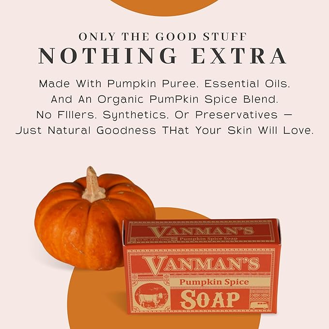 VanMan Pumpkin Spice Body Soap - Grass Fed Finished Suet Beef Tallow & Pumpkin Puree - Nourishing, Hydrating & Moisturizing Natural Bar Soap with Essential Oils - Autumn Scent - 3.8 oz Bar (2 Pack)