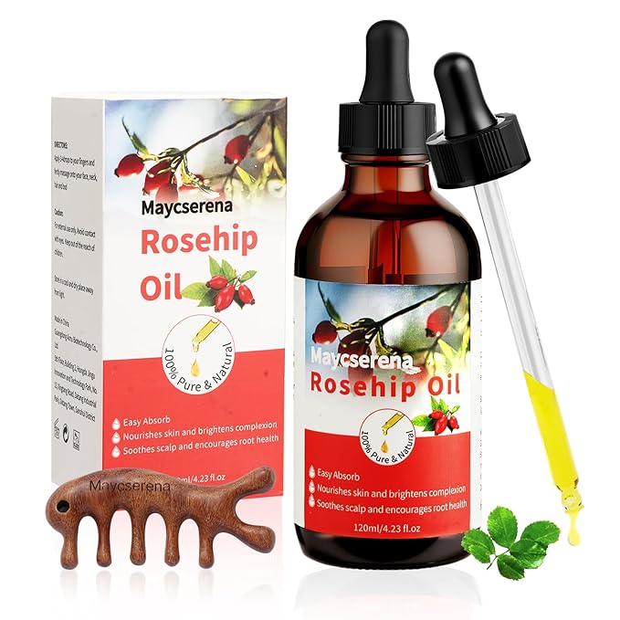 Organic Rosehip Seed Oil,Essential Oils for Anti Aging,100% Pure Cold Pressed All Natural,Hair Relaxer & Skin Face Moisturizer - Hydrating and Nourishing Face Oil for All Ages Skin 4.23OZ(120ml)