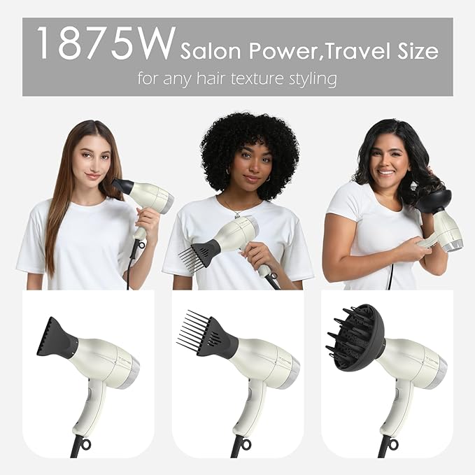 TOME Hair Dryer with Diffuser Blow Dryer Ionic 1875W Cool Shot Curly Hair Teeth Comb Nozzle attachments Light Weight Low Noise Fast Dry