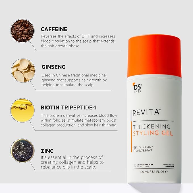DS Labs Revita Hair Styling Gel for Men - Medium Hold, Volumizing & Thickening with Ginseng, Zinc & Caffeine, Water-Based Formula for Stronger-Looking Hair, No Flakes or Residue, 3.4 Fl Oz