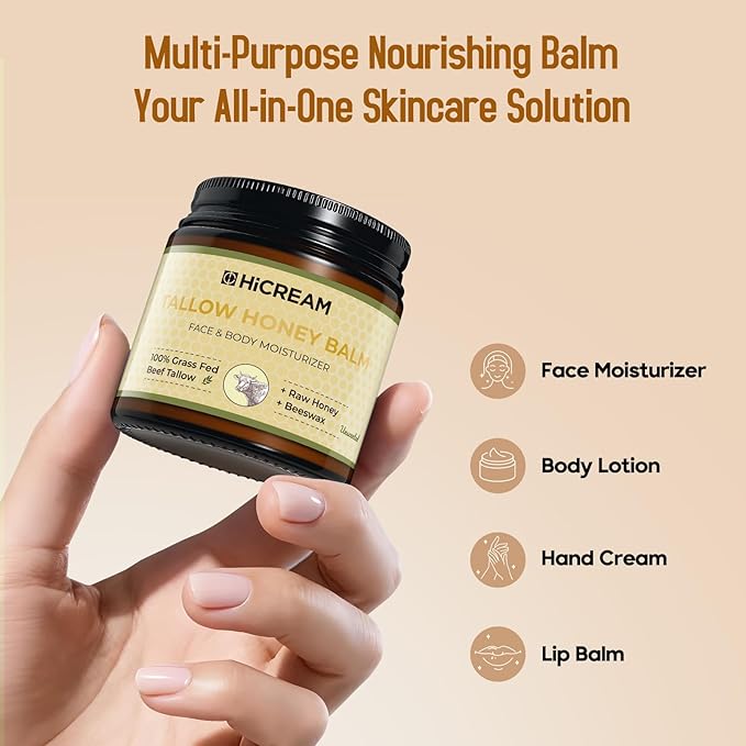 Beef Tallow for Skin, Beef Tallow and Honey Balm, 100% Organic Grass-Fed Beef Tallow Balm, Face & Body Moisturizer, Deeply Nourishment for Dry, Cracked, Sensitive Skin, Natural Formula (4 Oz)