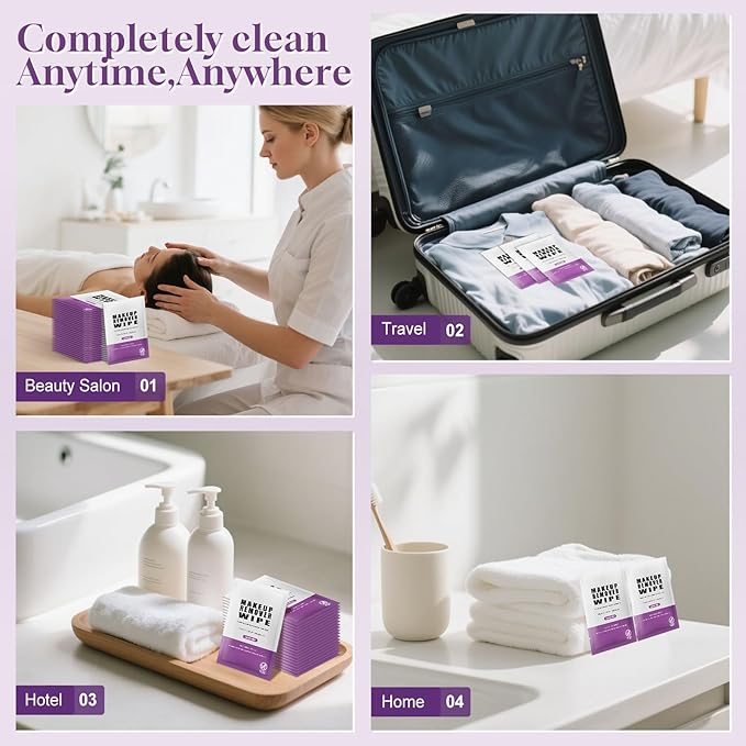 Pack of 50 Makeup Remover Wipes Individually Wrapped,Lavender Scent,Face Cleansing Wipes Bulk, Travel Towelette Makeup Remover Cloth for Face Cleansing Skin Care Remove Makeup