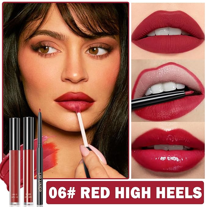 3 in 1 Red Lip Liner and Lip Gloss Lipstick Set for Women Waterproof Lip Liner and Lipstick Combo Long-lasting Smudge Proof Lip Kits Daily Professional Lip Makeup (06# Red High Heels)