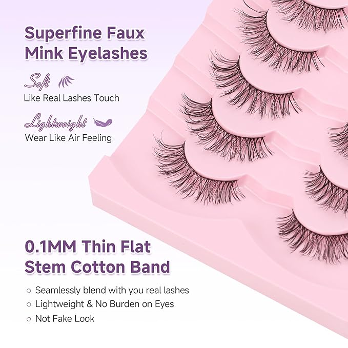 Natural Lashes False Eyelashes 14mm Strip Eyelashes Soft Wispy Lashes Thin Memory Band Volume Eye Lashes Pack C Curl Natural Eyelashes Fake Lashes 7 Pair EVENTILL