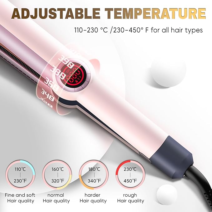 Flat Iron Hair Straightener and Curler 2 in 1-Curling Iron for Lasting Curls,360°Anti-Scald Ionic Curling Wand,Rapid 30-Second Heat-Up,Auto Shutdown & LED Display for All Hair Types (Pink)