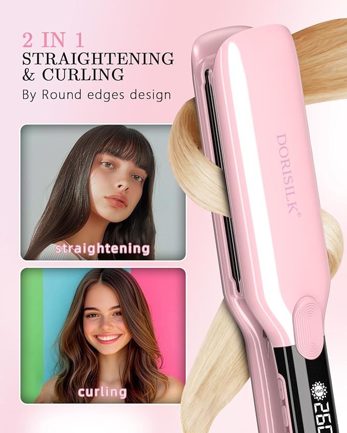 DORISILK 500 Degree High Temp Professional Hair Straightenr ， Ceramic Wide Flat Iron ，2 in 1 Hair Straightener and Curler，Plasma Flat Iron Straightener Get Frizz-Free and Shiny (Pink)