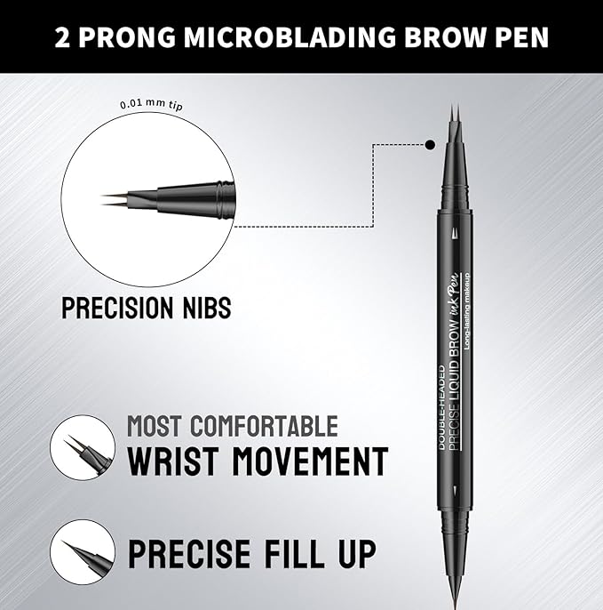 2 Prong Tip Microblading Eyebrow Pen With Brush- 2-in-1 Waterproof Eyebrow Pencil, Long-Lasting Natural Hair-Like Brows, Smudge-Proof & Easy to Use(With Brush 05#Black)
