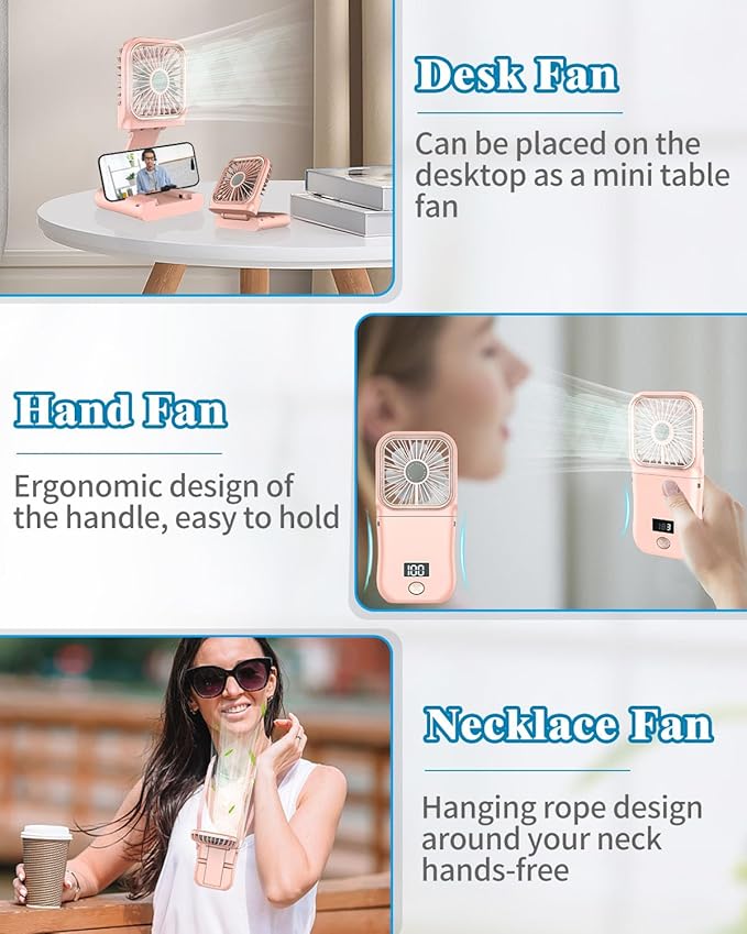 Hand Held Fan Rechargeable,Mini Fan Portable Fan Battery Powered Fan with 3 Speed, Table Fan Small Desk Fan, Cordless Personal Fan, 180°Folding Hand Fan Summer Gifts for Women Girls Kids Pink