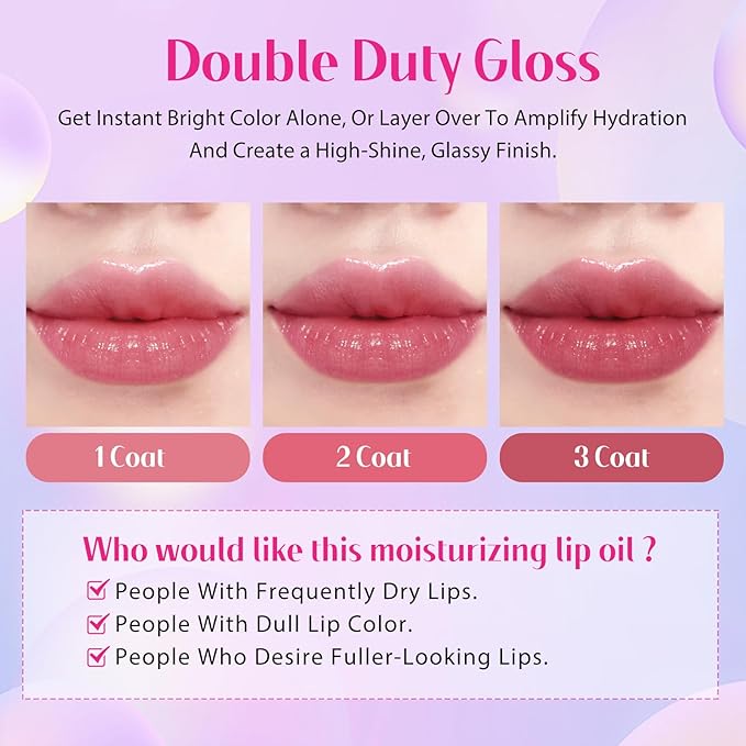 Tinted Lip Oil Stain Set, Hydrating High Shine Lip Gloss Set, Long-Lasting Bright Color Lipgloss for Dull Lips, Weightless & Non-Sticky, Vegan Korean Makeup, Crystal Finish