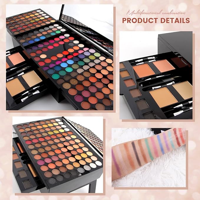 MISS ROSE 190 Colors Cosmetic Make up Piano Box Set,Combination with Eyeshadow /Facial Blusher /Eyebrow Powder /Eyeliner Pencil /Mirror,All-in-1 Makeup Gift Set (Color B)