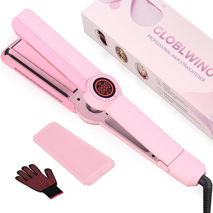 Hair Straightener, 1.5” Ceramic Wide Flat Iron with Infrared and Negative Ions, LCD Temp Control, Dual Voltage, Anti-Frizz Styling for All Hair Types, Pink