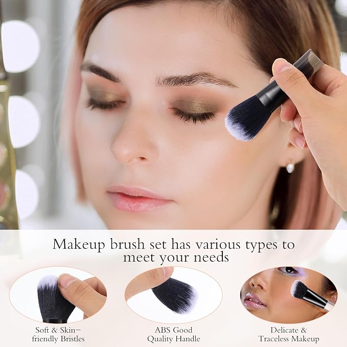 Travel Makeup Brush Set, Portable Mini Cosmetic Brushes with Case Full Complete Function Makeup Brushes Kit with Pouch Foundation Eyebrow Blending Concealer Blush Eyeshadow Contour Pow(Black)