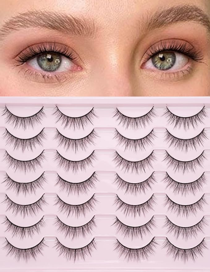 EMEDA False Lashes Natural Look Eyelashes 12mm Short 14 Pairs 3D Pestañas Postizas Naturales False Eyelashes Natural Doll Eye Looking Fluffy Eye Lash Wispy Strip Lashes Pack by EMEDA(M25）