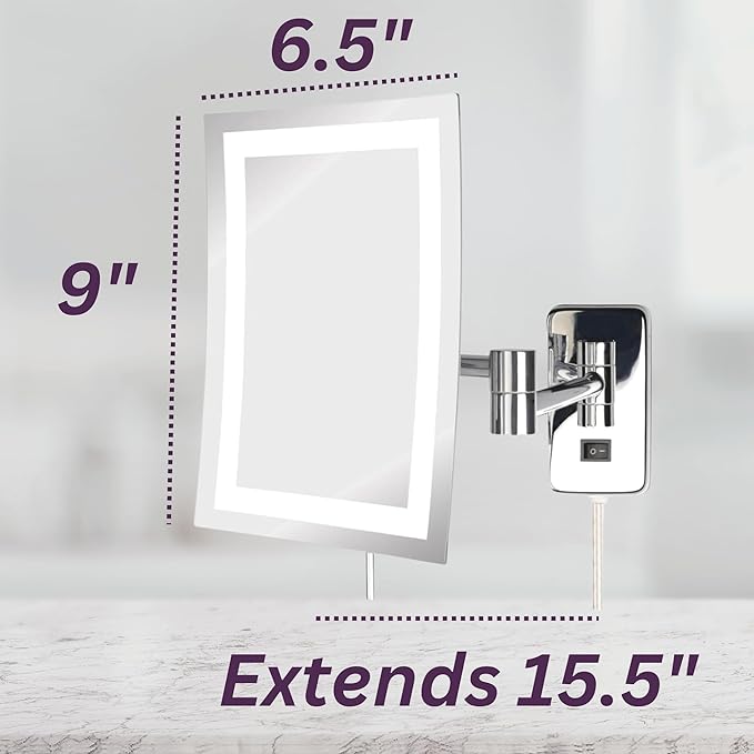 JERDON Rectangular Wall Mount Makeup Mirror - Lighted Makeup Mirror with 5X Magnification - Chrome Finish - Model JRT710CL