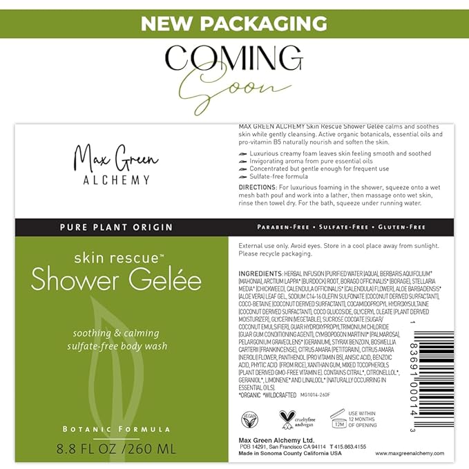 MGA Vegan Shower Gel - Rescue & Moisturizing Body Wash for Skin Care | Natural & Organic Formula with Essential Oils & Skin Friendly pH | Sulfate free Moisturizing Body Wash | 8.8 Fl Oz
