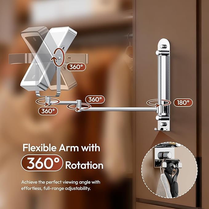 Height Adjustable Wall Mounted Lighted Makeup Mirror with Lights, 10X Magnifying Mirror for Bathroom, 7in Slide Rail and 360° Extended Arm, Rechargeable Wall Mirror with Dual Hooks for Hotel