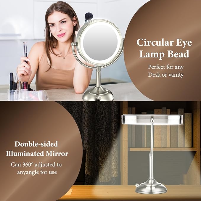 VESAUR 9.1" Large 5000mAh Rechargeable Lighted Makeup Mirror Nickel, 1X/10X/20X HD Magnifying with Compact Suction Mirror, 3 Color Dimmable Light, 360°Swivel Seamless Vanity Mirror, Gift Box