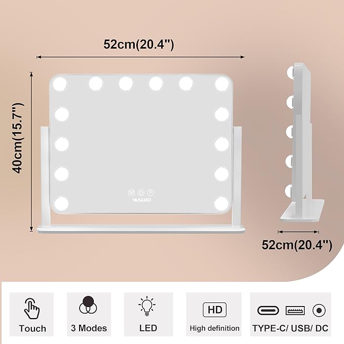 Hollywood Vanity Mirror with Lights, 20.4" x 15.7" Makeup Mirror with 14 LED Dimmable Bulbs, 3 Color Modes, 10X Magnification, USB Charging Port Touch Control, 360°Rotation