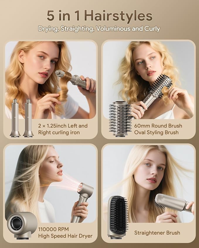 5 in 1 Hair Styler & Hair Dryer Brush, 110,000 RPM High-Speed Airwrap with Negative Ions for Frizz-Free Styling Fast Drying Curling Straightening Volumizing, Auto Wrap Hot Air Styler