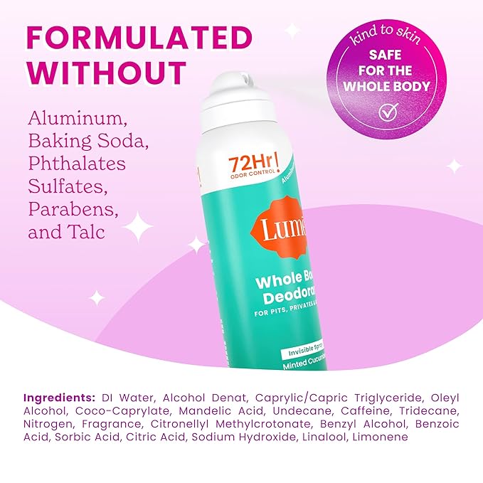 Lume Invisible Spray Deodorant For Women - Whole Body Deodorant Spray - 72Hr Odor Control - Ozone Friendly, Natural Propellant - Aluminum & Baking Soda Free, Skin Loving - 3.6oz, 2pk (Minted Cucumber)