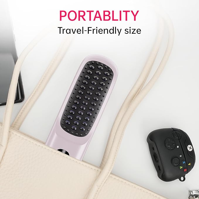 Cordless Hair Straightener Brush for Travel, 200 Million Negative Ionic Portable Hair Straightener Comb for Women with LED Display & 3 Temps, 30s Fast Heating USB Charging Smooth Frizz(Purple)