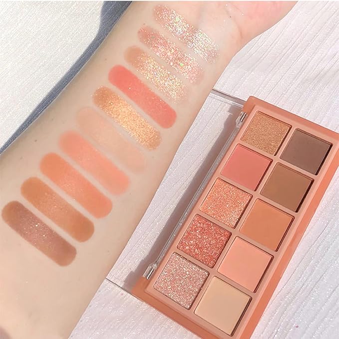 Erinde 10 Colors Eyeshadow Palette Makeup - Matte Shimmer Glitter Eye Shadow, Ultra-Blendable, High Pigmented, Naturing-Looking, Neutral Nude Eyeshadow Pallet with Professional Brush, Peach Color