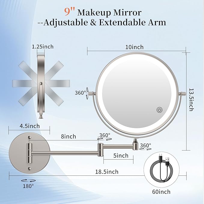 FUNTOUCH 10" 30X/1X Magnifying Wall Mounted Lighted Makeup Mirror, 4500mAh Rechargeable Double Sided Mirror, 3 Color Lights,Touch Dimmable, 360 Rotation Extended Arm with Adapter,Brush Nickel