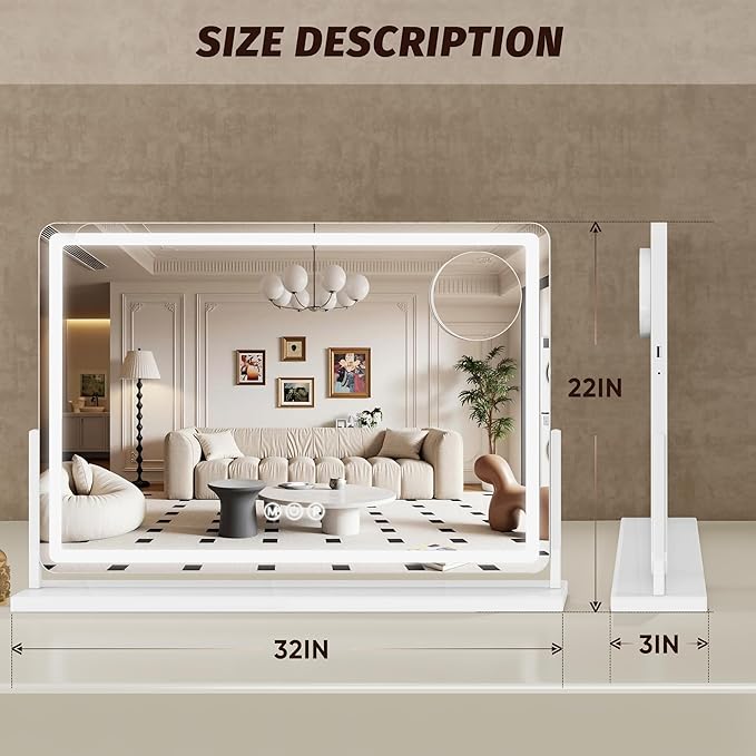 Vanity Mirror with Lights, 32"x22" Hollywood Lighted Makeup Mirror for Tabletop & Bedroom 3 Color Lighting Modes Smart Touch Control 360° Rotation Detachable