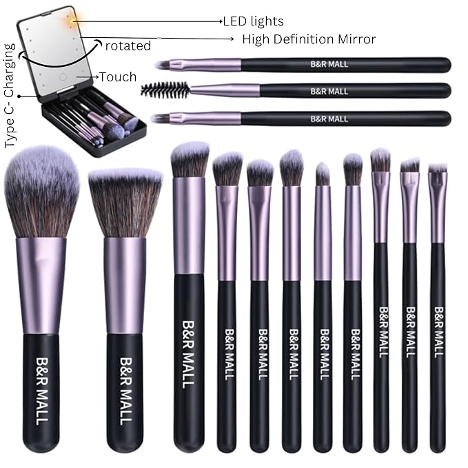 B&R MALL Premium Makeup Brush Set with LED Mirror – Supper soft Brushes for Flawless Foundation, Concealer, Eyeshadow & More | Lightweight, Versatile, Perfect for On-the-Go Touch-Ups (Purple Black)
