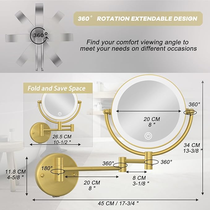 Make up Mirror Wall Mounted with Lights and 10X Magnification Rechargeable, 8" Double Sided, 3-Colors Touch Dimmable Extended Arm 360 Rotation Foldable Cosmetic Mirror, Brushed Gold