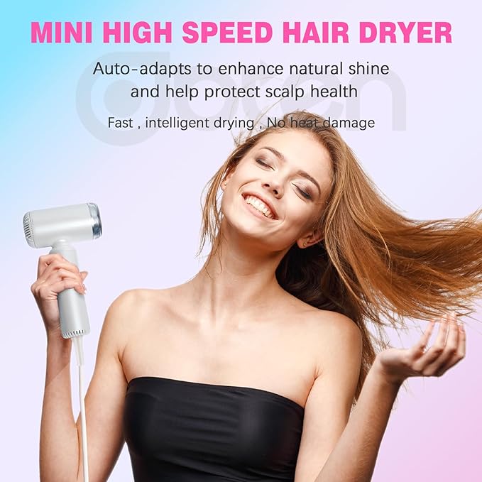 Mini Hair Dryer, High-Speed Blow Dryer with 110,000RPM Brushless Motor, Magnetic Diffuser, Negative Ionic Technology for Fast Drying, Compact & Lightweight for Home & Travel (White)
