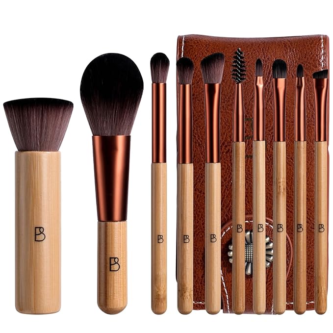 BS-MALL 10 Pcs Professional Bamboo Makeup Brush Set - Travel-friendly Eyeshadow Brush, Concealer Brush & Foundation Brush For Liquid Makeup - Lightweight Multi-purpose Daily Use With Makeup Bag