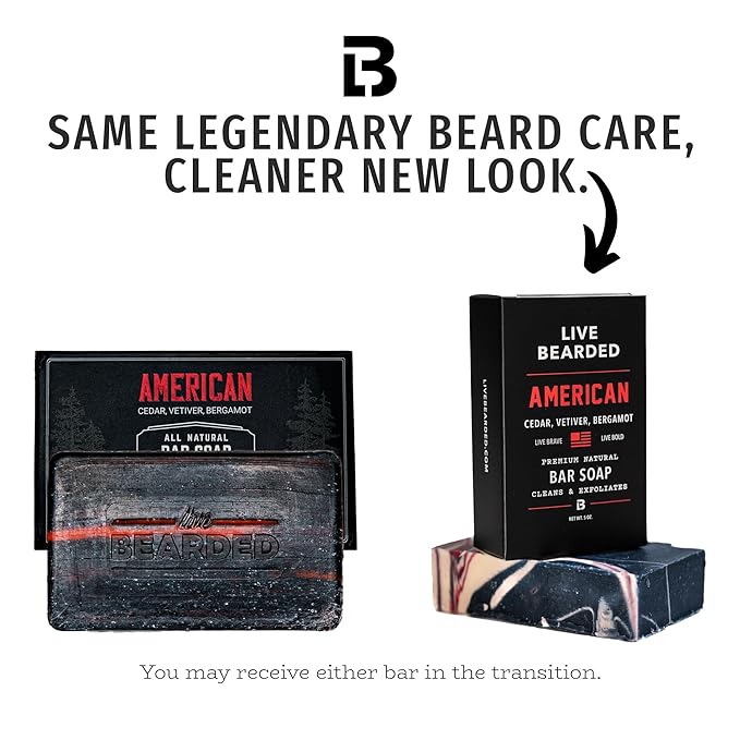 Live Bearded All-Natural Bar Soap for Men, 3-Pack of 5 oz - Made in the USA - Exfoliates and Moisturizes - Charcoal, Pumice, Shea Butter | American Scent - Cedar, Vetiver, Bergamot