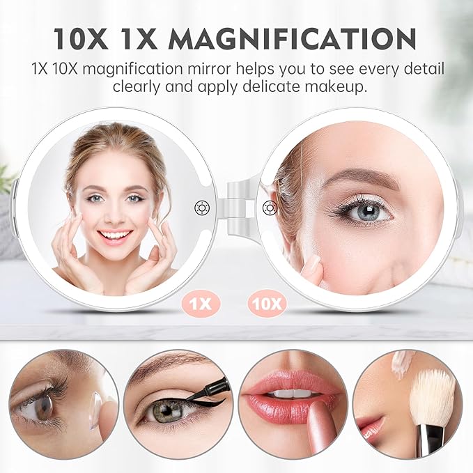 FUNTOUCH 7'' Travel Makeup Mirror with Lights 10X Magnifying, 3 Color Portable Double Side Vanity Compact Mirror with Rechargeable for Travel Essential, Gifts for Lover