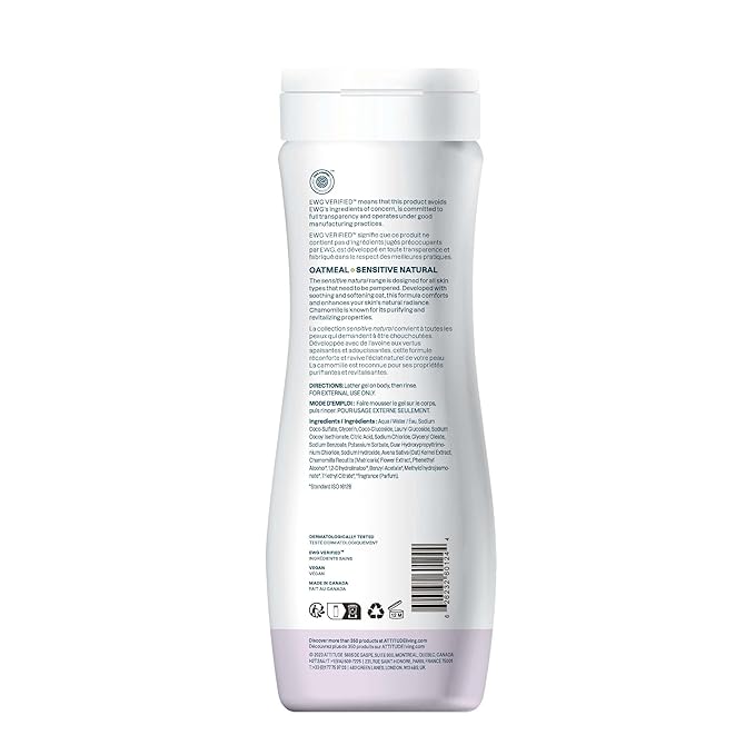 ATTITUDE Body Wash for Sensitive Skin with Oat and Chamomile, EWG Verified, Dermatologically Tested, Vegan, Chamomile 16 Fl Oz