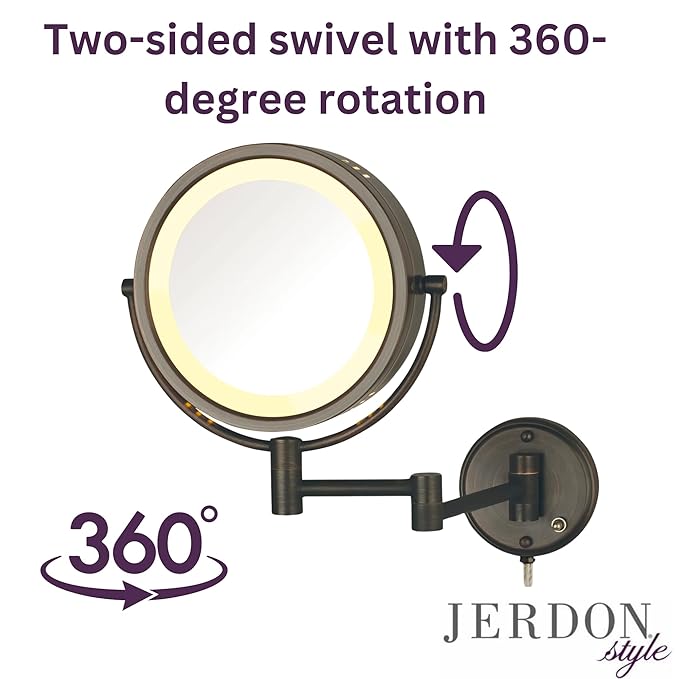 JERDON Two-Sided Wall-Mounted Makeup Mirror with Lights - Lighted Makeup Mirror with 8X Magnification & Wall-Mount Arm - 8.5-inch Diameter Mirror with Bronze Finish Wall Mount - Model HL75BZ