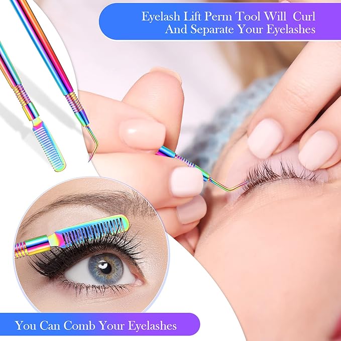 Chumia 2 Pieces 2 in 1 Lash Lift Tool Eyelash Separator Tool with Comb Stainless Steel Metal Lash Perm Lift Rods for Eyelash Eyebrow Comb Perming Tinting Curling Extension Supplies(Multi Color)